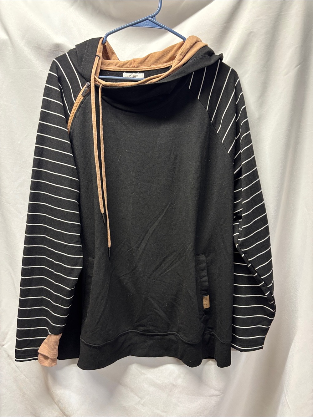 Maurices Black Striped Hoodie Sweater with Tan Accents